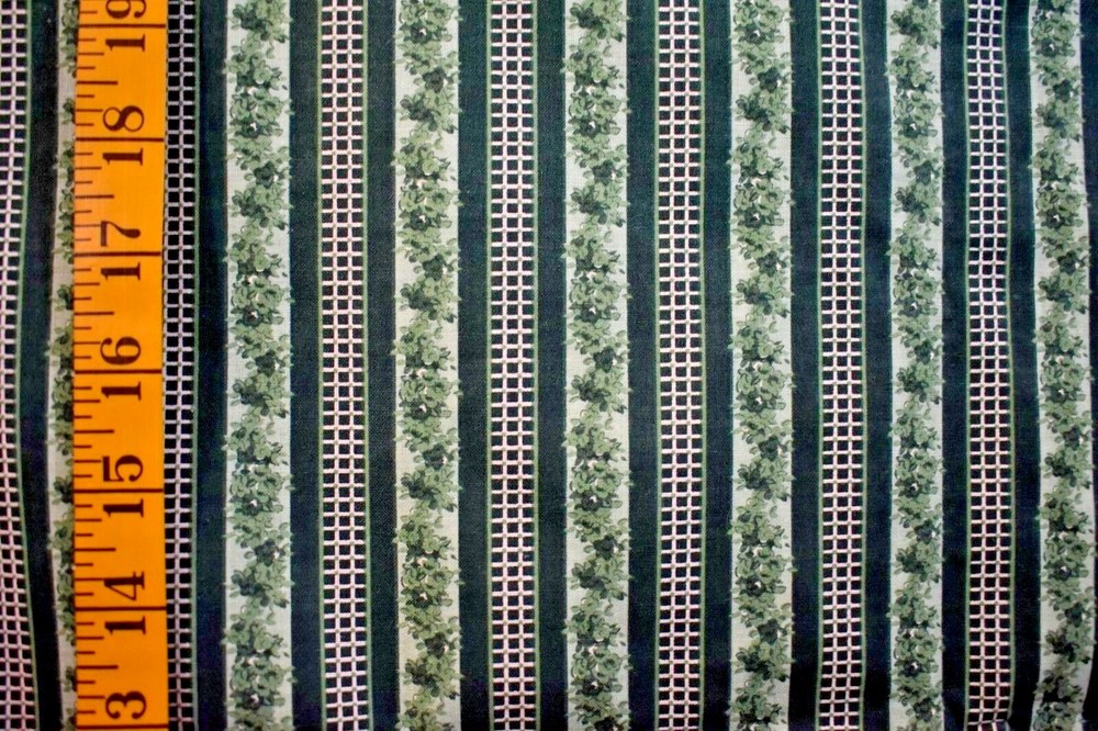 GREEN FLORAL PRINT GREEN CHECK ON STRIPES 100% COTTON FABRIC 2.1 YARDS