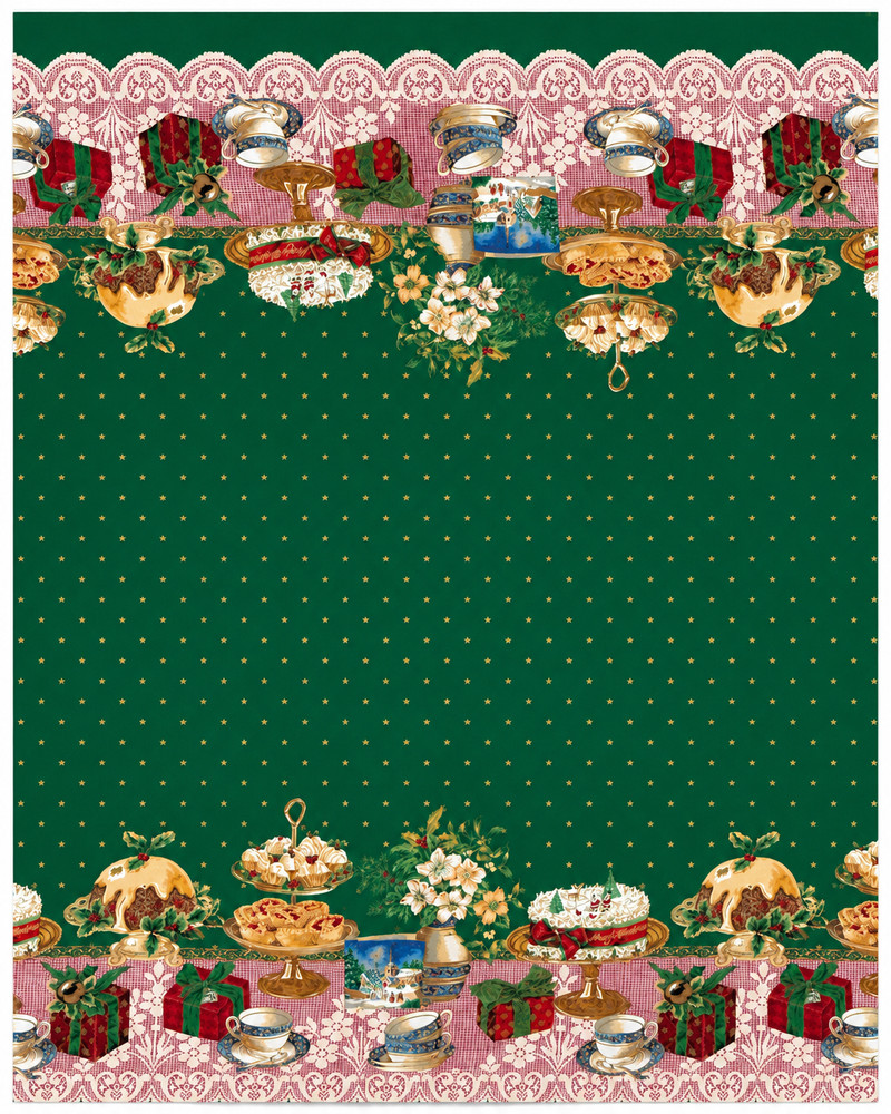 1.3 Yds 58″ Wide Christmas Holiday Border Fabric Desserts Gifts Tea Cups Cotton