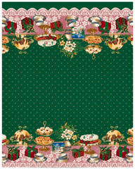 1.3 Yds 58″ Wide Christmas Holiday Border Fabric Desserts Gifts Tea Cups Cotton