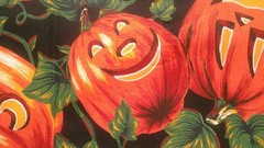 Fabric Kaufmann Halloween Pumpkins Hunter Green Leaves on Black $3.50