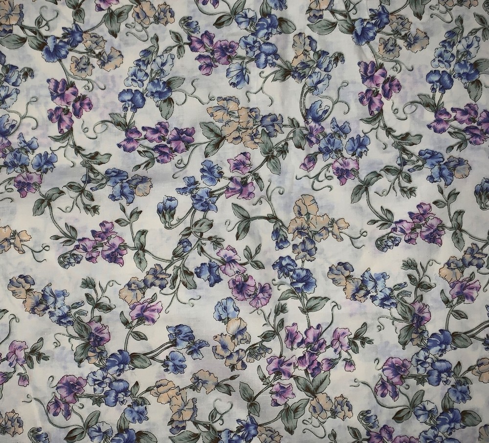 Vintage Flower Fairies Fabric~Purple/Blue Sweet Peas~3.2Yd x 56″