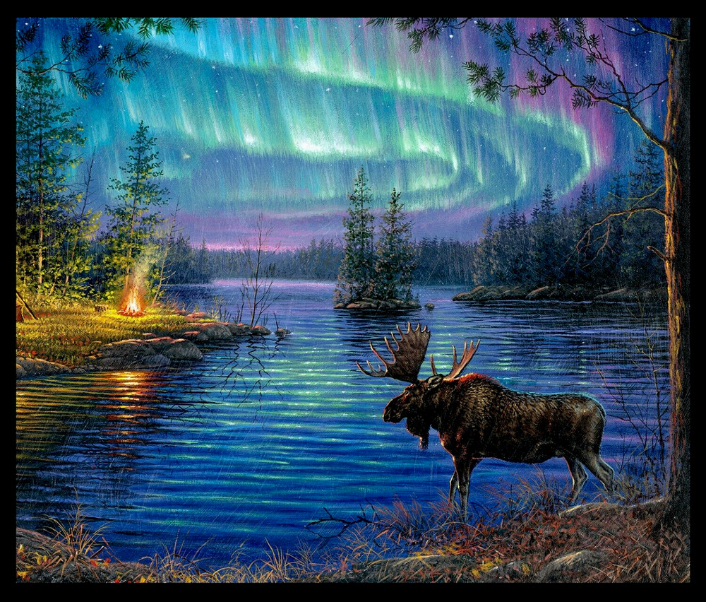 Moose Alaska Fabric Northern Lights Aurora Cotton Elizabeths Studio 36″ Panel