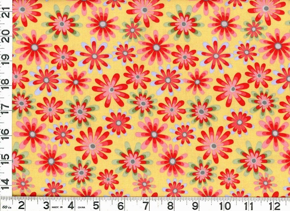 Red Pink Green Flowers on Yellow Quilting & Sewing Fabric by the Yard #567