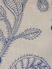 G P & J Baker Fabric Sample Blue Tan 100% Linen 20 1/2″ X 20 1/2″ Embroidered