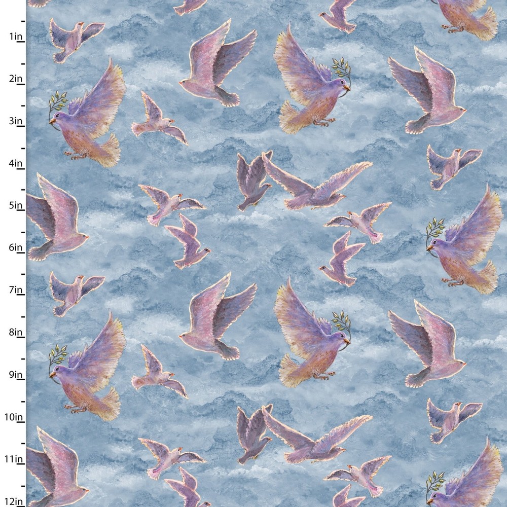 Angel Of Peace Doves in Flight Digitally Printed BTY Wishes Fabric