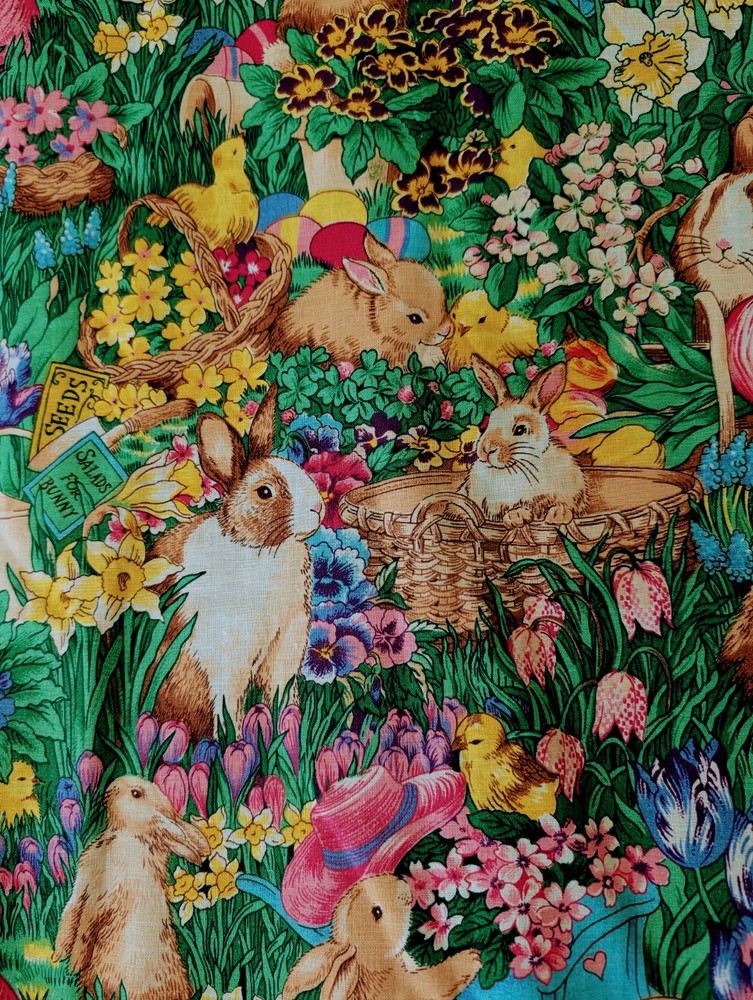 VTG Fabric Traditions Fabric Bunny Chics Hat Floral Garden 71×44 90’s