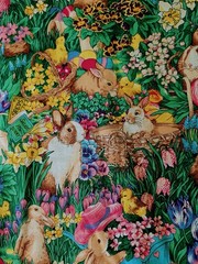 VTG Fabric Traditions Fabric Bunny Chics Hat Floral Garden 71×44 90’s