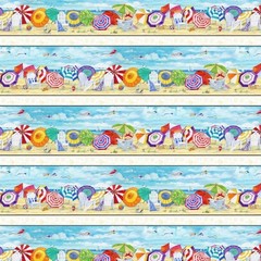 Cotton Beach Vista Umbrellas Chairs Summer Sand Fabric Print by Yard D487.98