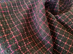 BEUTIFUL FRENCH 100% SILK WOOL BLACK AND RED CHECKERED SHIMMERING FABRIC