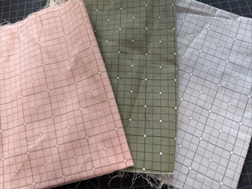 Set Of 3 Half Yard Pieces Figo Fabrics Serenity Grid Green Gray Pink