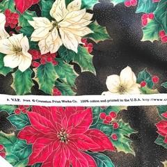 1 Yd 22″ x 58″ Poinsettias &Holly Gold Accent on Black Fabric Cranston V. I. P.