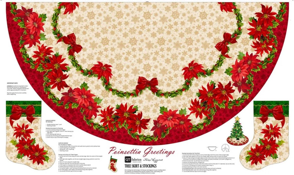Christmas 2-PACK Poinsettia 56 Inch Tree Skirt and Stockings Panel on Cream 100%