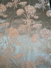 5 YARDS VINT 1940’S COTTAGE CORE DAMASK BROCADE FABRIC PINK FLOWERS ON BLUE EUC