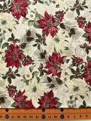 Christmas Fabric | Hi-Fashion Merry Poinsettia Red Beige With Metallic | YARD