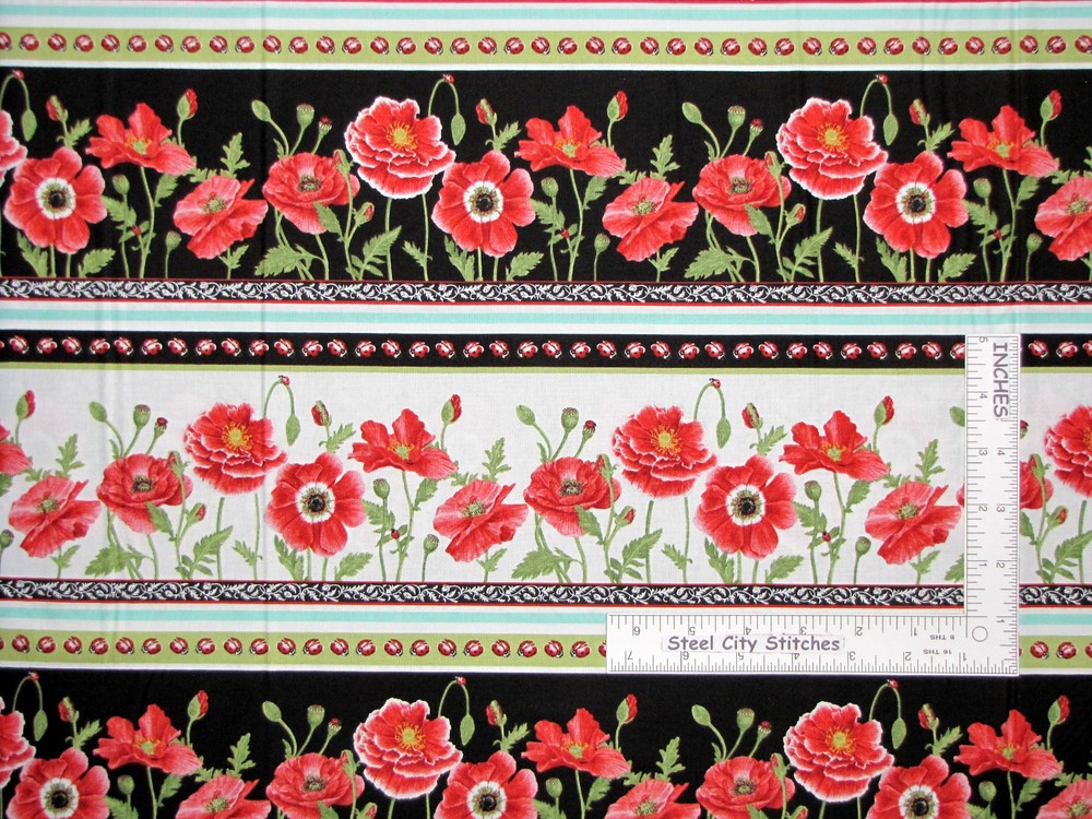 Poppy Flowers Stripe Cotton Fabric Henry Glass Poppy Perfection HALF-YARD (18″)