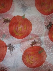 Vtg Glitter Orange Pumpkin Black Spider White Web Clear Netting Fabric