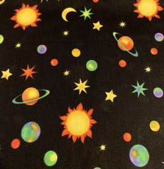“Cosmos” Solar System Galaxy Fabric By R.E.D & Fabricland Vtg Black Yellow BTY