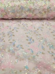 Blush Pink Lace Fabric 3D Floral Iridescent Sequins Embroidery Sold by Yard