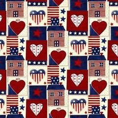 Patriotic Americana Heart House Patchwork Sewing Fabric Cotton 36 x 44-in Craft