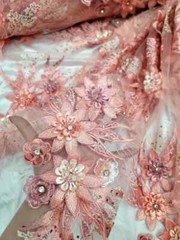 “Coral 3D Floral Embroidered Lace Fabric with Rhinestones and Beads – Sold by th