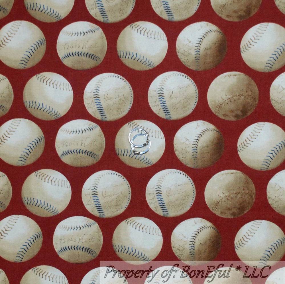 BonEful Fabric FQ Cotton Quilt Red Brown Cream Tan Baseball Large School Maroon