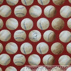 BonEful Fabric FQ Cotton Quilt Red Brown Cream Tan Baseball Large School Maroon