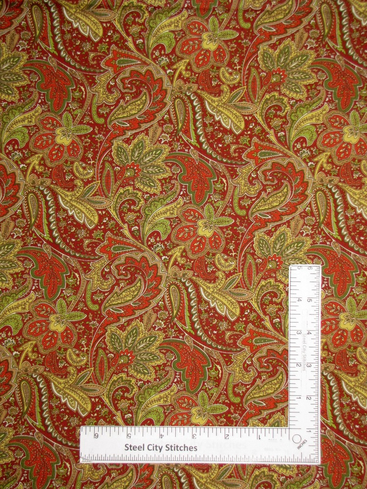 After Five Wine Paisley Floral Leaves Swirl Fabric Cotton by Henry Glass Yard