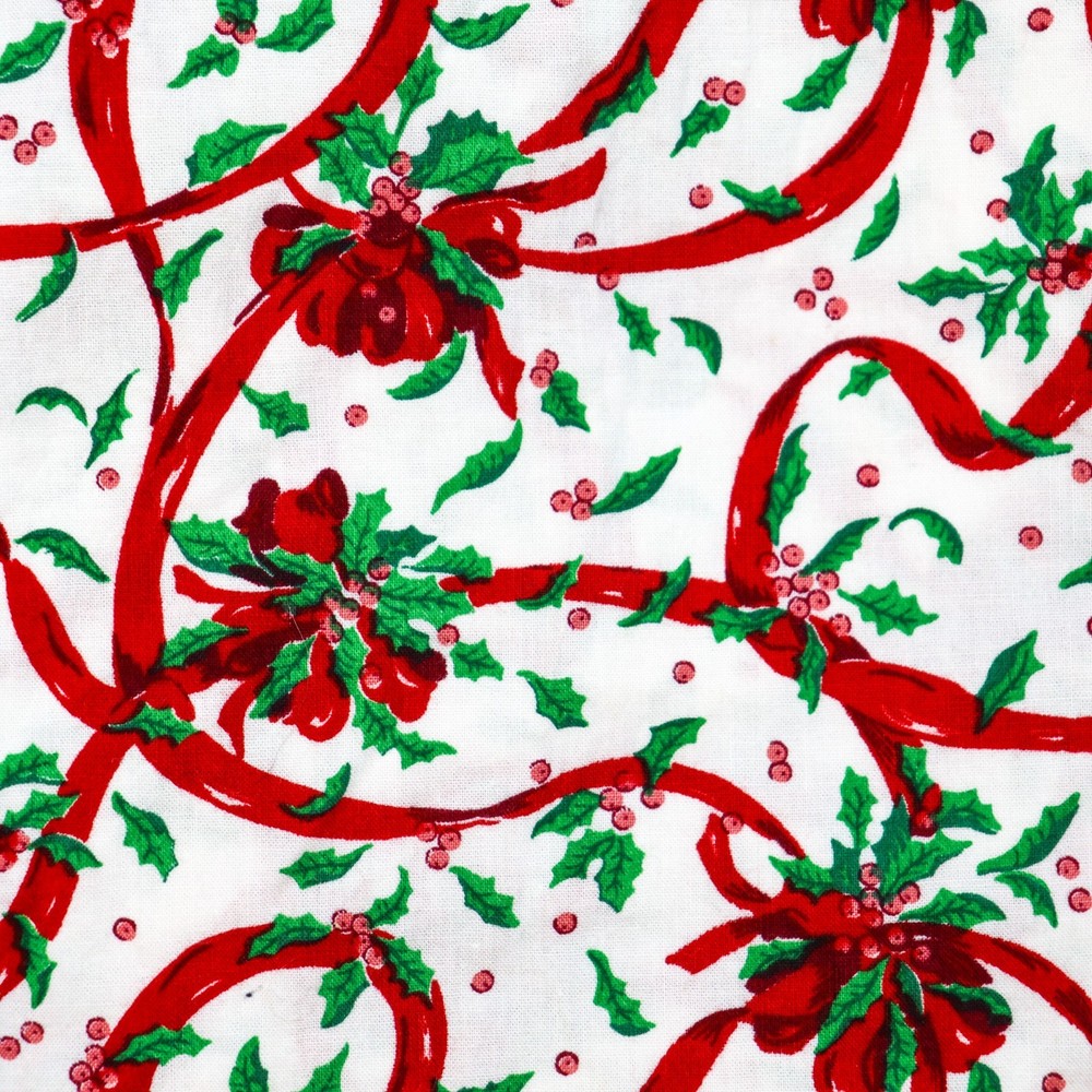 Quilting Cotton Fabric Christmas Red Ribbons Green Holly BTHY Half Yard Red Bows