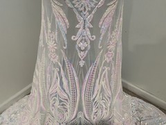 WHITE PINK BLUE Iridescent 4way stretch sequins Lace fabric 50” Width 1 Yard