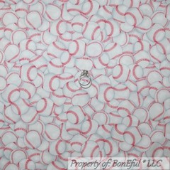BonEful Fabric FQ Cotton Quilt White Red Baseball Softball Girl Boy Game Sport S