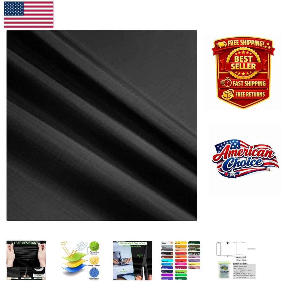 Lightweight Black Ripstop Nylon 60×39 for Tents, Bags, and Creative DIY Projects