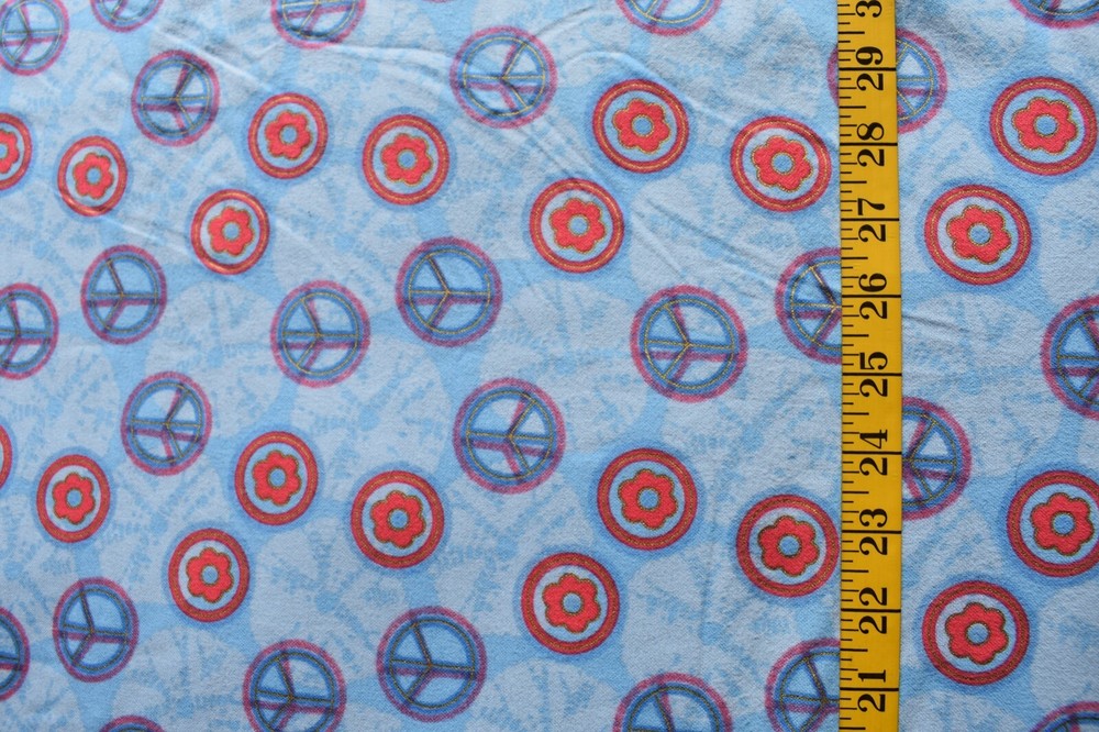 PEACE SIGNS FLOWERS ON BLUE 100% COTTON FLANNEL FABRIC 65X43 INCHES 1.8 yards