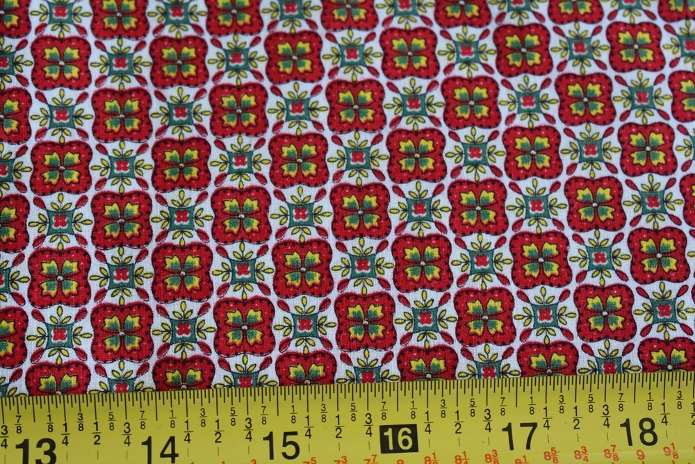 By 1/2 Yd, 36″ Wide, Vintage 1940’s-60’s, Red Green Yellow Floral on White,N1623