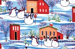 CHRISTMAS SNOWMEN WITH HOUSES & TREES FLEECE FABRIC 1 YD 60X36″