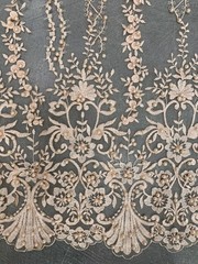 Daphne PEACH Faux Pearls Beaded Flowers and Vines Lace Embroidery on Mesh Fabri