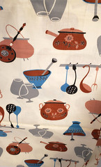 VTG Kitchen Fabric 4 Yds + 26″ Brandy Snifter Pot Pan Mortar Pestle Spoons Ladle