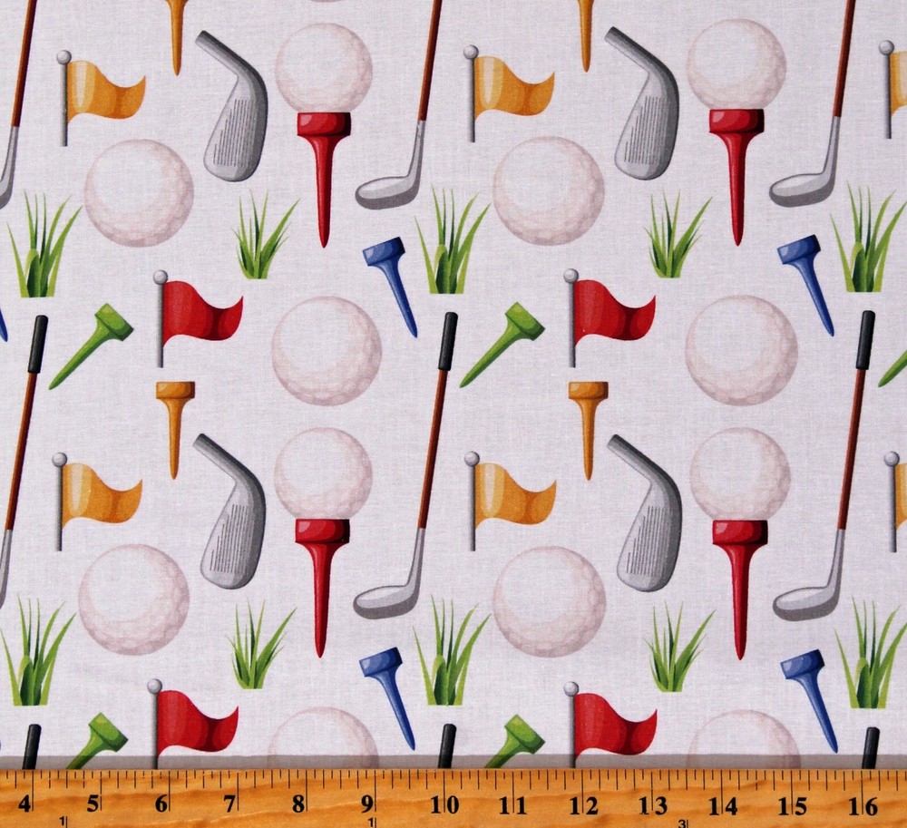 Cotton Golf Golfballs Golf Clubs Tees Flagstick Sports Fabric Print BTY D667.86