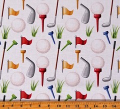 Cotton Golf Golfballs Golf Clubs Tees Flagstick Sports Fabric Print BTY D667.86