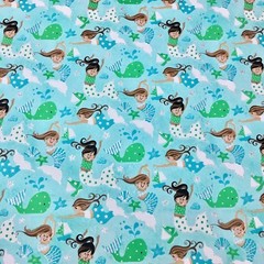 Mermaids Sea Ocean Kids Multicoloured Metallic Silver Quilting Fabric Cotton FQ
