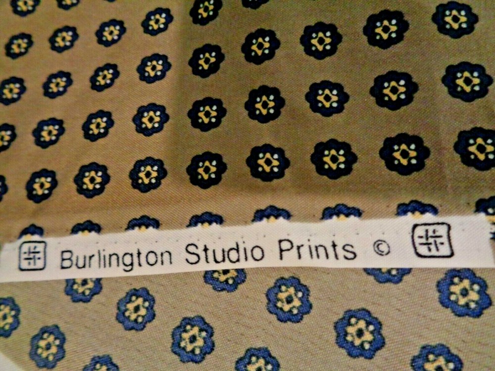 Vintage 2 Yards Burlington Studio Print Beige & Navy Silky Fabric Width 60 Inch