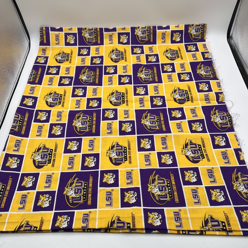 LOUISIANA STATE ( LSU )TIGERS NEW SMALL SQUARES DESIGN 1 YD PIECE 100% COTTON
