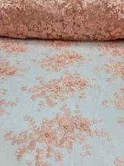 “Peach 3D Floral Beaded Embroidered Lace on Mesh Fabric – Sold by the Yard, Perf