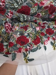 Red Floral Embroidery Lace Fabric Sold By The Yard On White Mesh For Dress