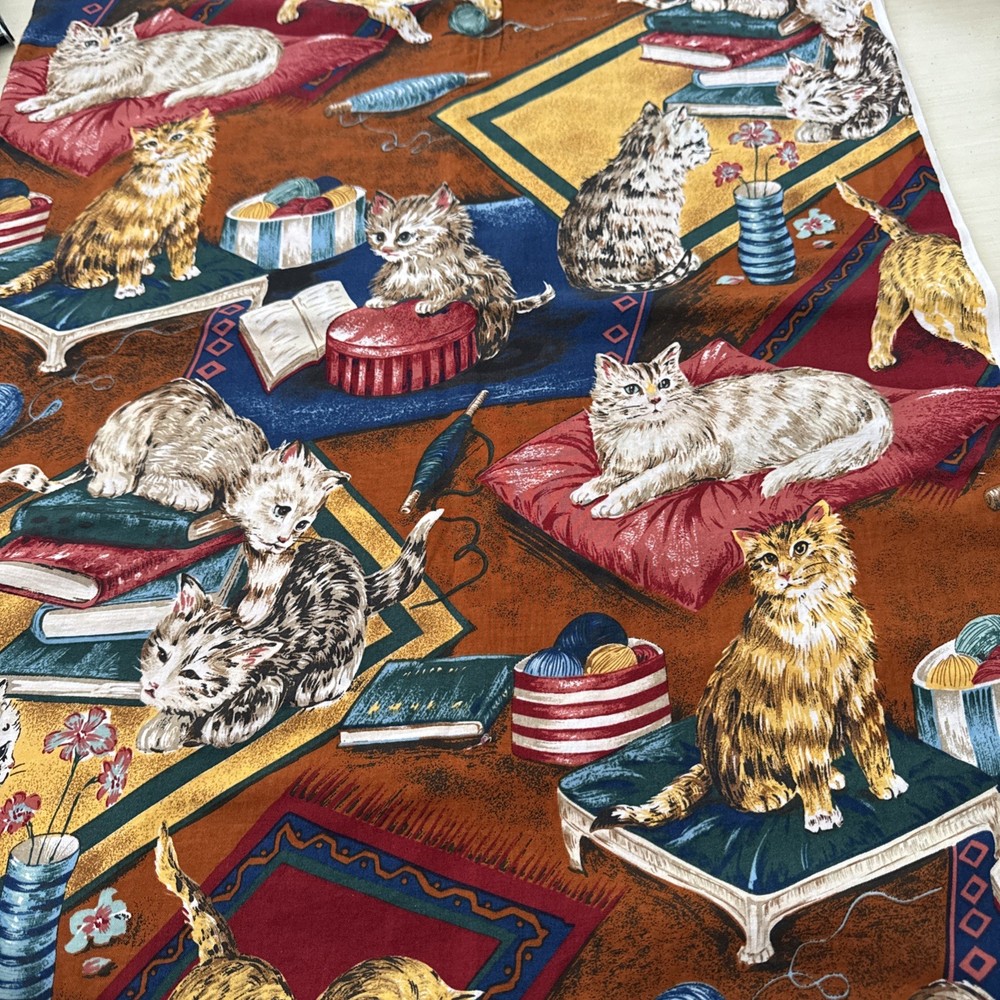 3 Yards Joann Cotton Fabric Cats Kitten Large Print Books Yarn Flowers