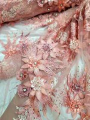 “Coral 3D Floral Embroidered Lace Fabric with Rhinestones and Beads – Sold by th
