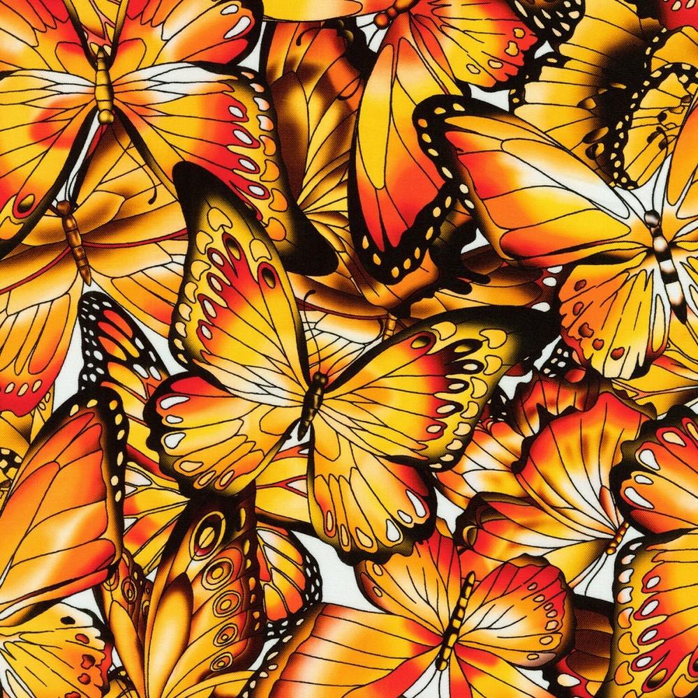 Fabric Butterfly Wings Monarch on White KAUFMAN Cotton 1/4 yard SRKD-18708-130