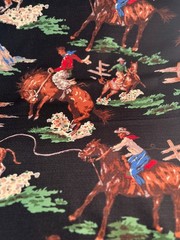 Fabric – Rare Vintage “ROUNDUP” Cowboy By MODA BARKCLOTH Black BTY 36” L x 54″ W
