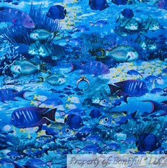 BonEful FABRIC FQ Cotton Quilt Aqua Blue Water Pink Little Sea Horse Fish Stripe
