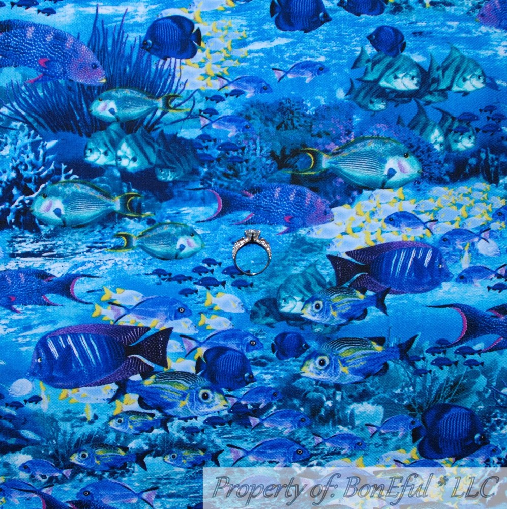 BonEful FABRIC FQ Cotton Quilt Aqua Blue Water Sea Horse Fish Scenic Coral Reef