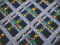 Floral Fabric 7/8 Yard SALE Red Yellow Blue Green White on Navy Cotton Vtg C